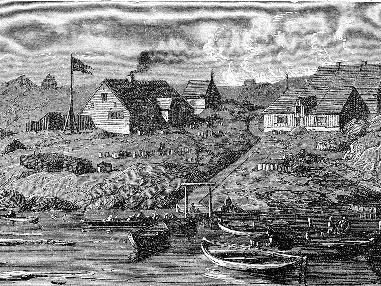 Die Siedlung Jakobshavn an der Westküste von Grönland, im Jahre 1882, digitale Reproduktion einer Originalvorlage aus dem 19. Jahrhundert