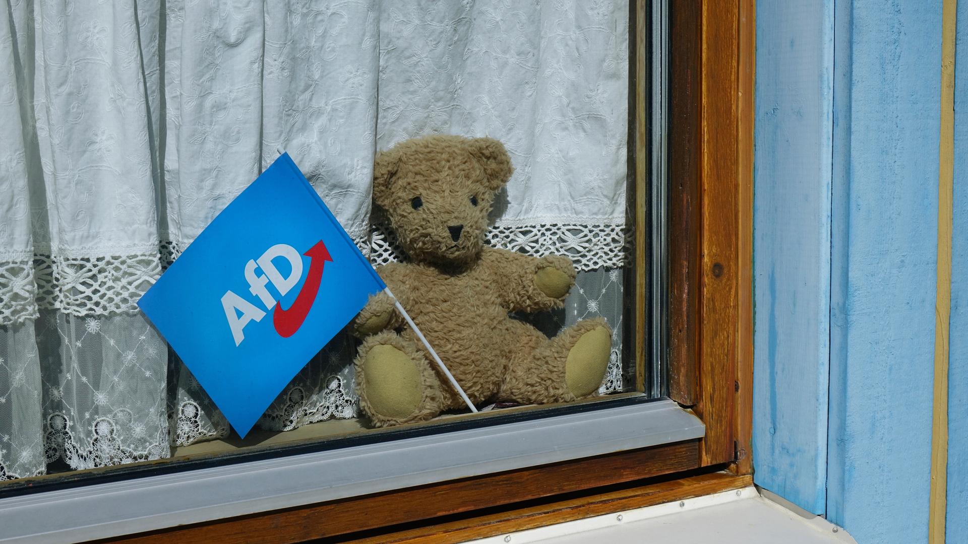 27.05.2026, In einem Fenster befindet sich ein Teddybaer mit einem AfD Faehnchen. 27.05.2026, In einem Fenster befindet sich ein Teddybaer mit einem AfD Faehnchen.