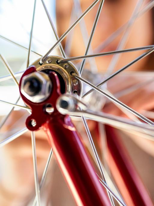 Die Speichen eines Fahrrads mit roten Rahmen. Dahinter ist verschwommen eine Frau zu sehen, sie scheint etwas zu reparieren.