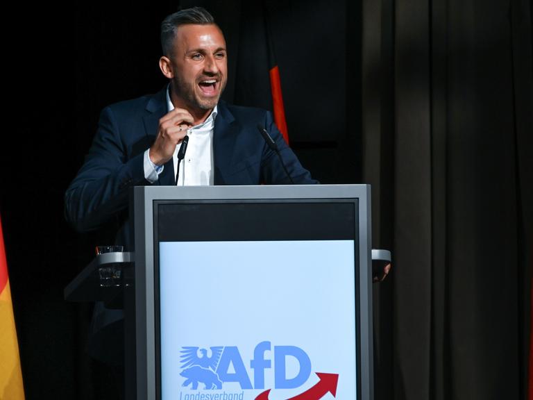 Ulrich Siegmund, Spitzenkandidat der AfD in Sachsen-Anhalt, umgeben von Deutschlandflaggen bei seiner Rede vor den Teilnehmern des Landesparteitages.
