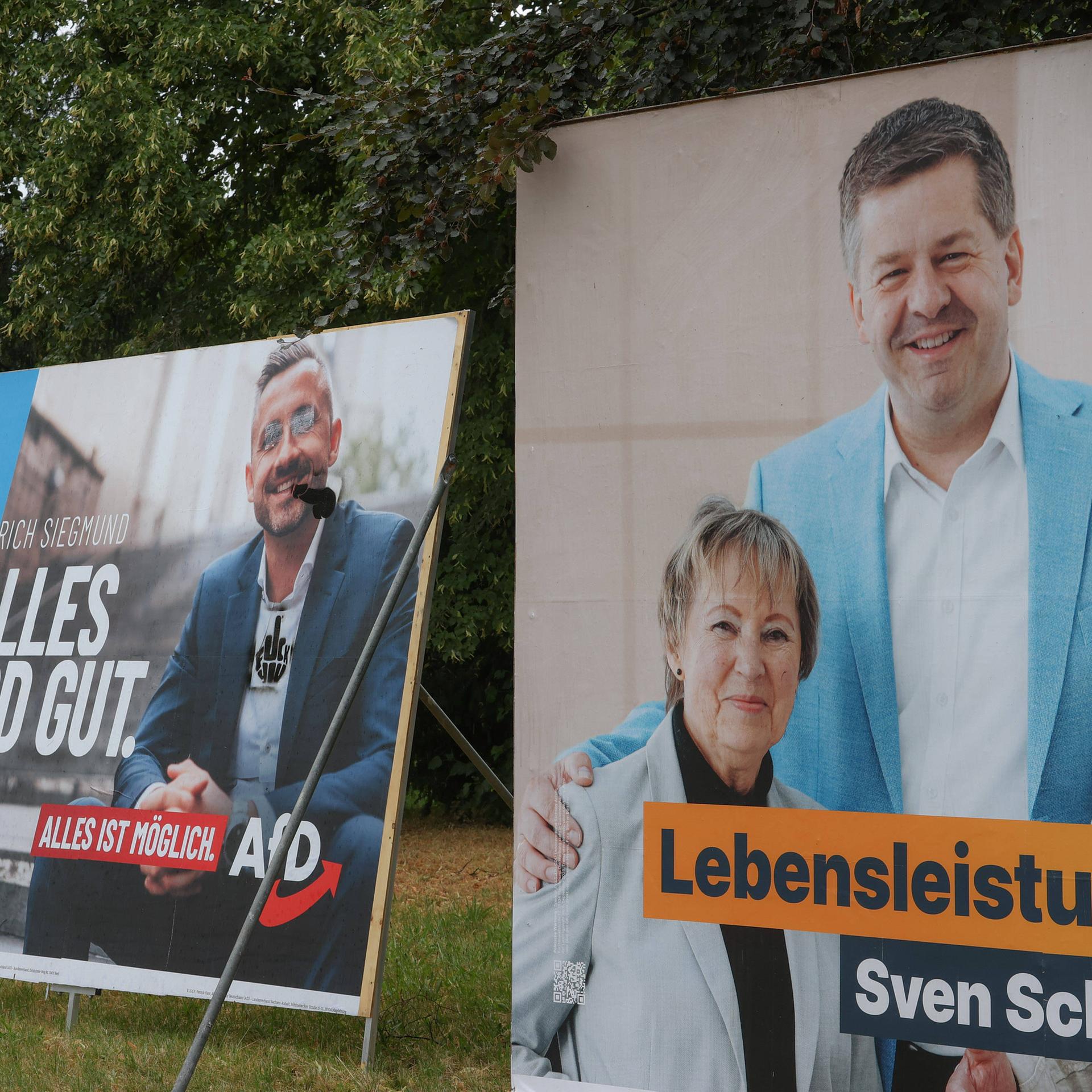 Wahlplakate von Armin Willingmann (SPD), Ulrich Siegmund (Alternative für Deutschland, AfD) und Ministerpräsident Sven Schulze (CDU) für die Landtagswahl in Sachsen-Anhalt im September 2026, fotografiert im Juli 2026 in Magdeburg