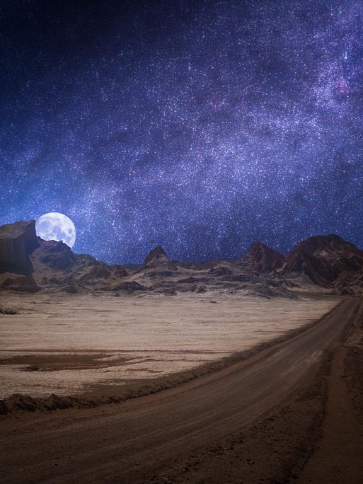 Das Valle de la Luna (Mondtal) in der Nähe von San Pedro de Atacama, Chile. Strahlender Sternenhimmel und Mond bei Nacht.