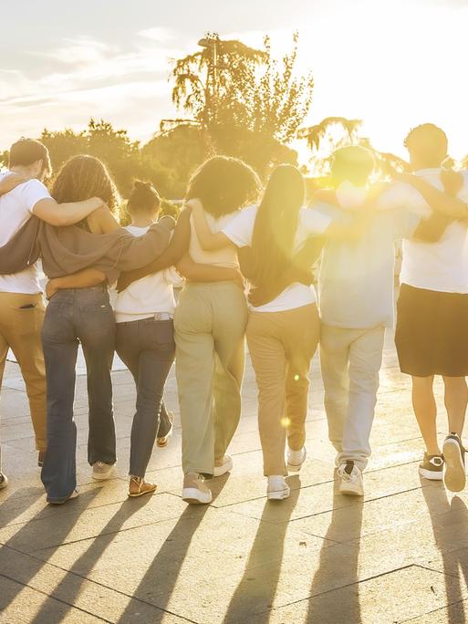 Rückansicht von Freunden, die sich umarmen und bei Sonnenuntergang gemeinsam durch die Stadt laufen