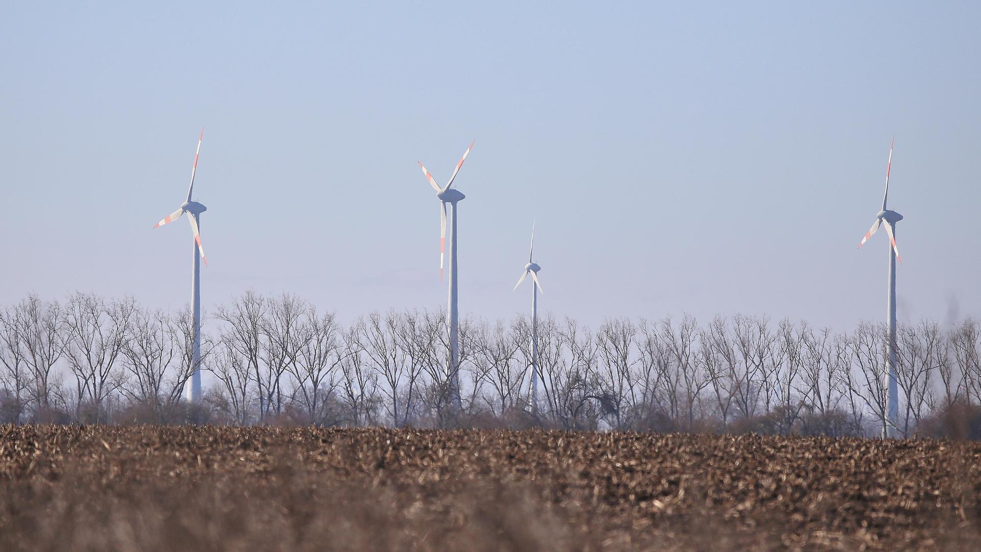 Magdeburg, Sachsen-Anhalt, Deutschland: Windräder beim geplanten Gewerbegebiet Eulenberg, das ursprünglich für ein Intel-Werk vorgesehen war