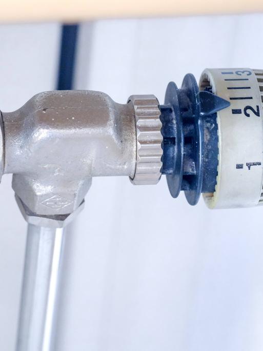 Der Thermostatkopf eines Heizkörpers in einer Privatwohnung ist auf Heizstufe 2 geregelt.