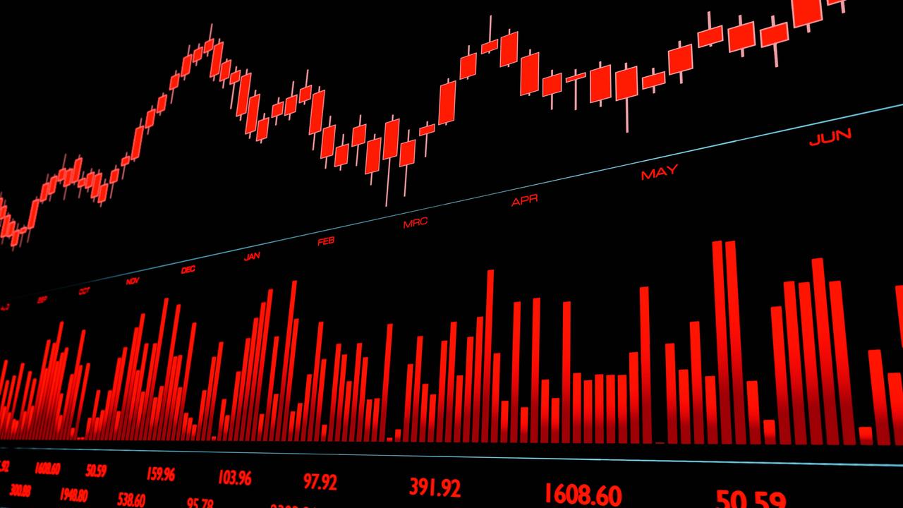 Symbolbild: Tafel mit rote Zahlen an der Börse - steigende und fallende Kurse.