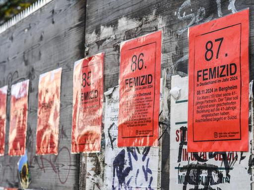 Protest gegen Femizide mit Plakaten an einem Bauzaun in in Freiburg Protest gegen Femizide mit Plakaten an einem Bauzaun in in Freiburg