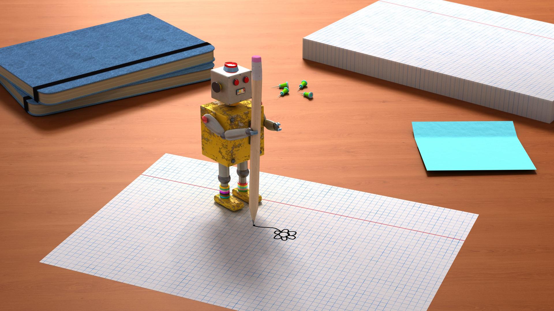 Ein Roboter, der mit einem Stift eine Blume auf ein Blatt malt Ein Roboter, der mit einem Stift eine Blume auf ein Blatt malt