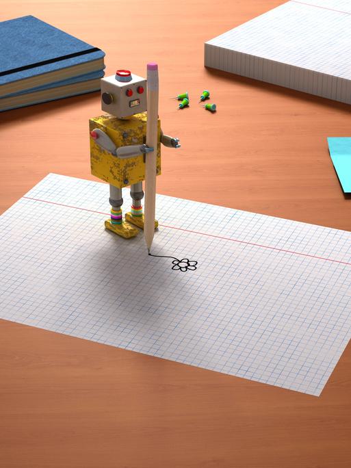 Ein Roboter, der mit einem Stift eine Blume auf ein Blatt malt
