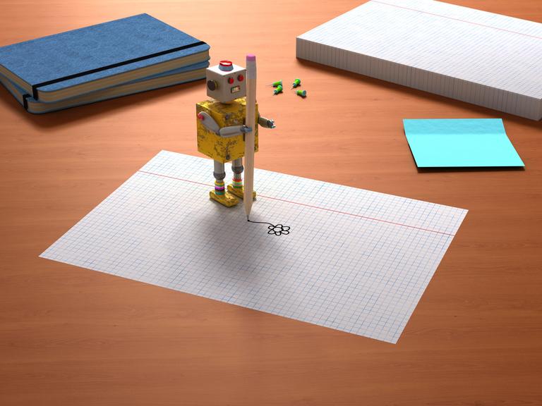 Ein Roboter, der mit einem Stift eine Blume auf ein Blatt malt