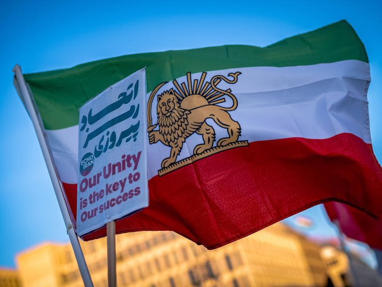 Bei einer Demonstration gegen das iranische Regime im Januar 2026 in Berlin halten Protestierende die iranische Flagge mit einem Löwen in der Mitte hoch. Sie gilt als Zeichen des Widerstands gegen die Islamische Republik.