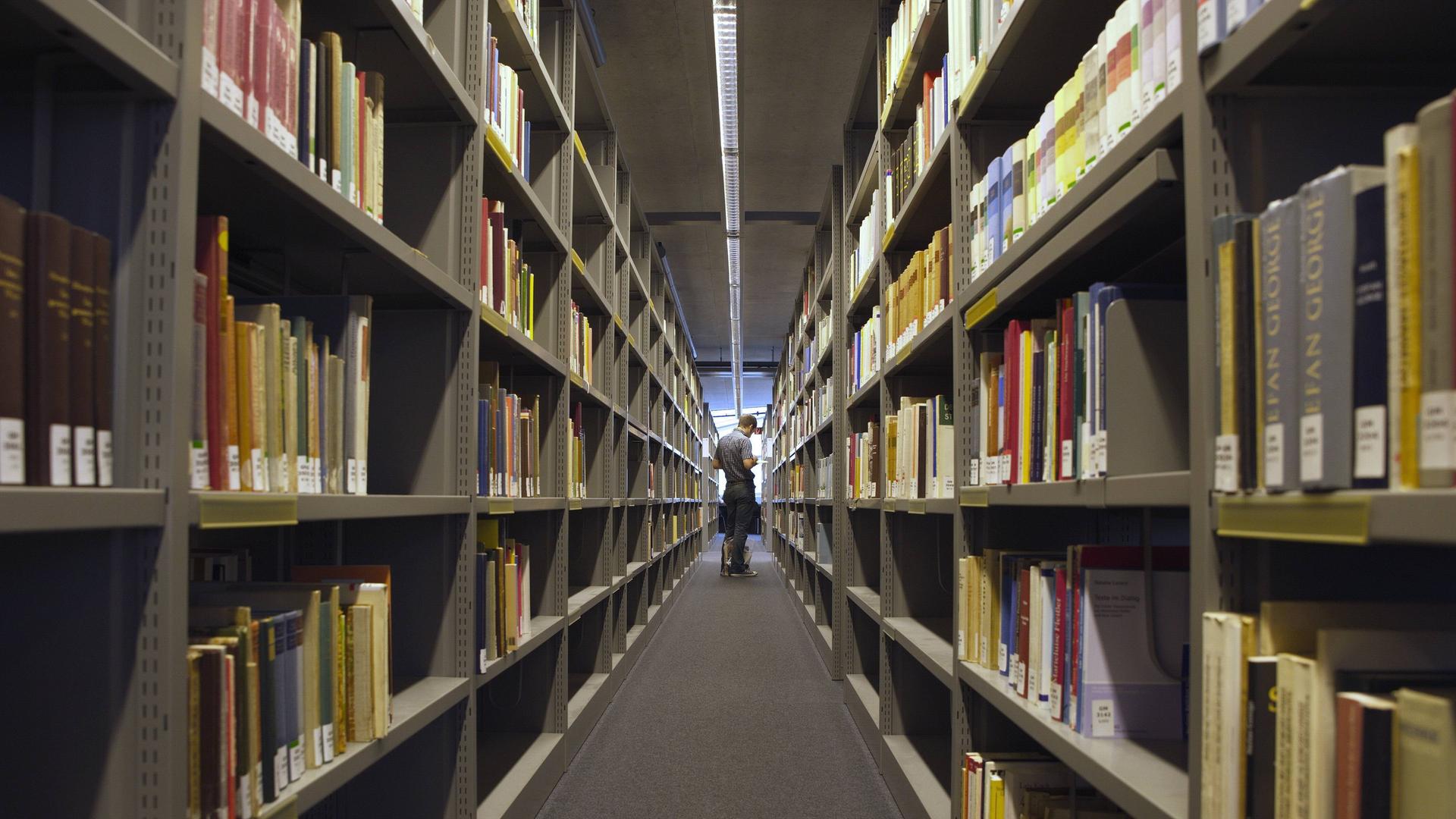 Blick in eine Bibliothek, rechts und links stehen lange Regalreihen mit Büchern. Am Ende des Ganges steht eine Person.
