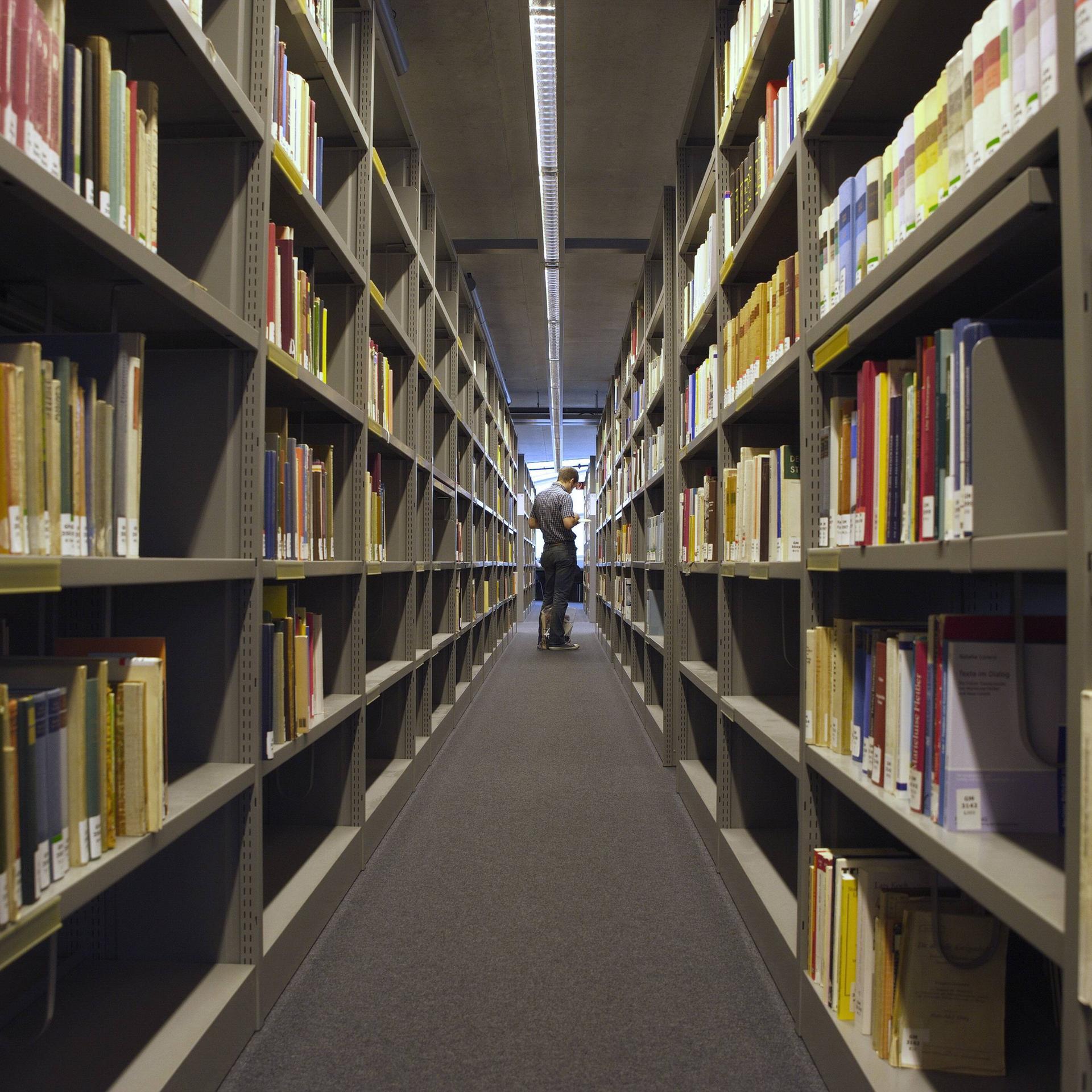 Blick in eine Bibliothek. Rechts und links stehen lange Regalreihen mit Büchern. Am Ende des Ganges steht eine Person.