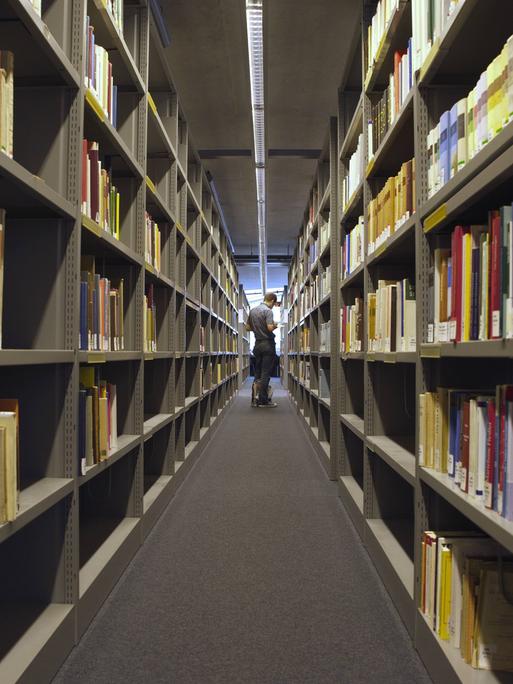 Blick in eine Bibliothek. Rechts und links stehen lange Regalreihen mit Büchern. Am Ende des Ganges steht eine Person.