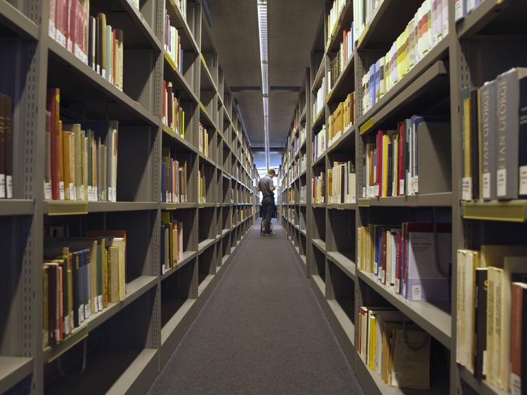 Blick in eine Bibliothek. Rechts und links stehen lange Regalreihen mit Büchern. Am Ende des Ganges steht eine Person.