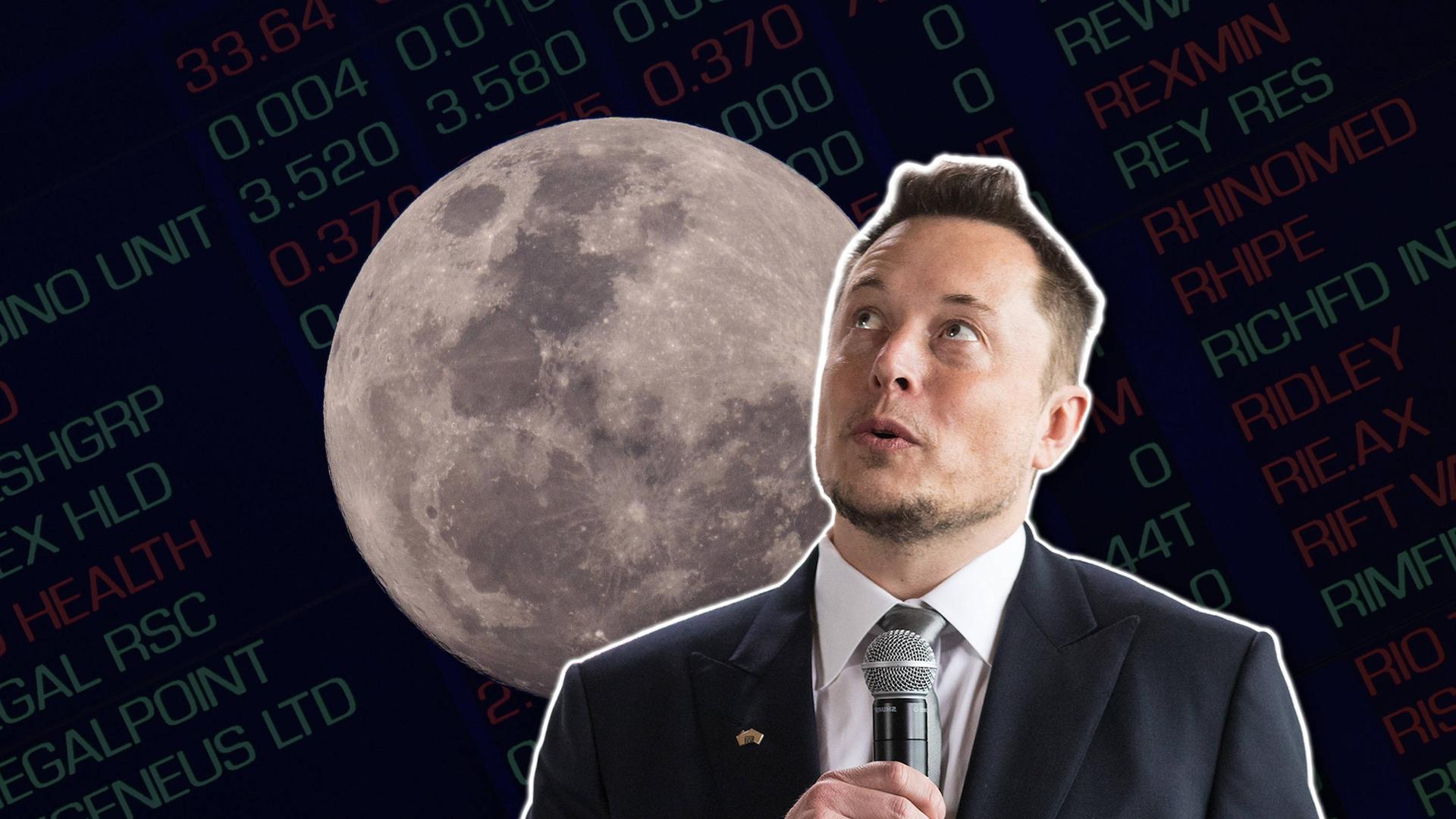 Bildmontage: Elon Musk vor einem Mond, im Hintergund Börsenzahlen Bildmontage: Elon Musk vor einem Mond, im Hintergund Börsenzahlen