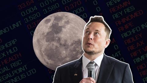 Bildmontage: Elon Musk vor einem Mond, im Hintergund Börsenzahlen