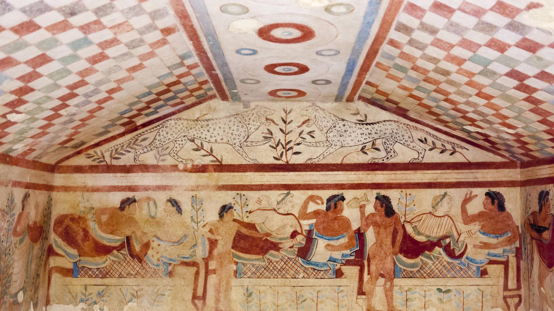 Geschichte der Etrusker, etruskische Wandmalerei im Grab der Leoparden, Tomba dei Leopardi, Monterozzi-Nekropole, Tarquinia, Italien