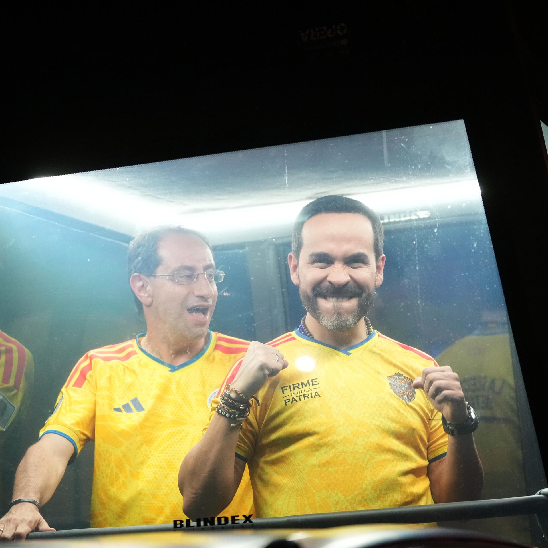 Presidential candidate Abelardo de la Espriella of the opposition Defenders of the Motherland movement and his vice-presidential running mate, Jose Manuel Restrepo, ride in a bulletproof booth toward a celebration rally after election results showed him…