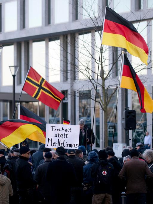 Demonstranten mit Plakat Freiheit statt Merkelismus und Fahnen in Schwarz-Rot-Gold auf einer Demonstration von Baergida bzw. Bergida, einer Form von Pegida, am 06.02.2016 am Hauptbahnhof im Regierungsviertel in Berlin
