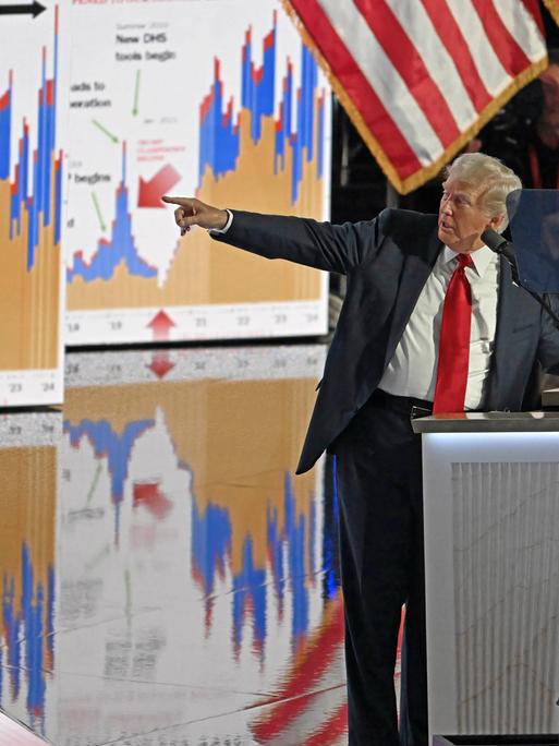 US-Präsident Donald Trump verweist auf Fotos einiger Diagramme, die er während seiner Dankesrede als republikanischer Präsidentschaftskandidat auf dem Republikanischen Parteitag in Milwaukee zeigt.