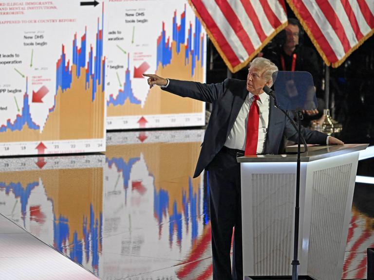 US-Präsident Donald Trump verweist auf Fotos einiger Diagramme, die er während seiner Dankesrede als republikanischer Präsidentschaftskandidat auf dem Republikanischen Parteitag in Milwaukee zeigt.
