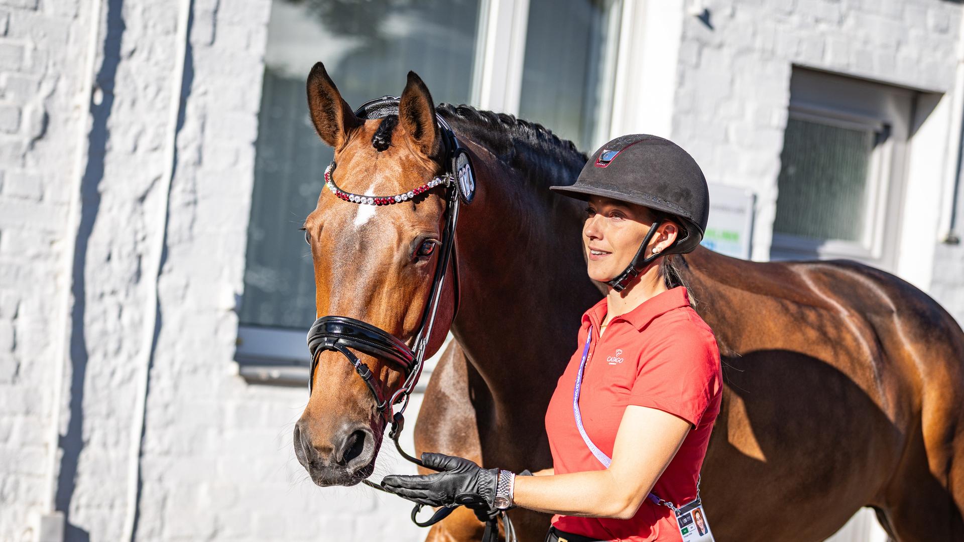 Die die aktuelle Weltranglisten-Erste im Dressurreiten Cathrine Laudrup-Dufour mit Pferd Mount John Freestyle im August 2026 in Aachen