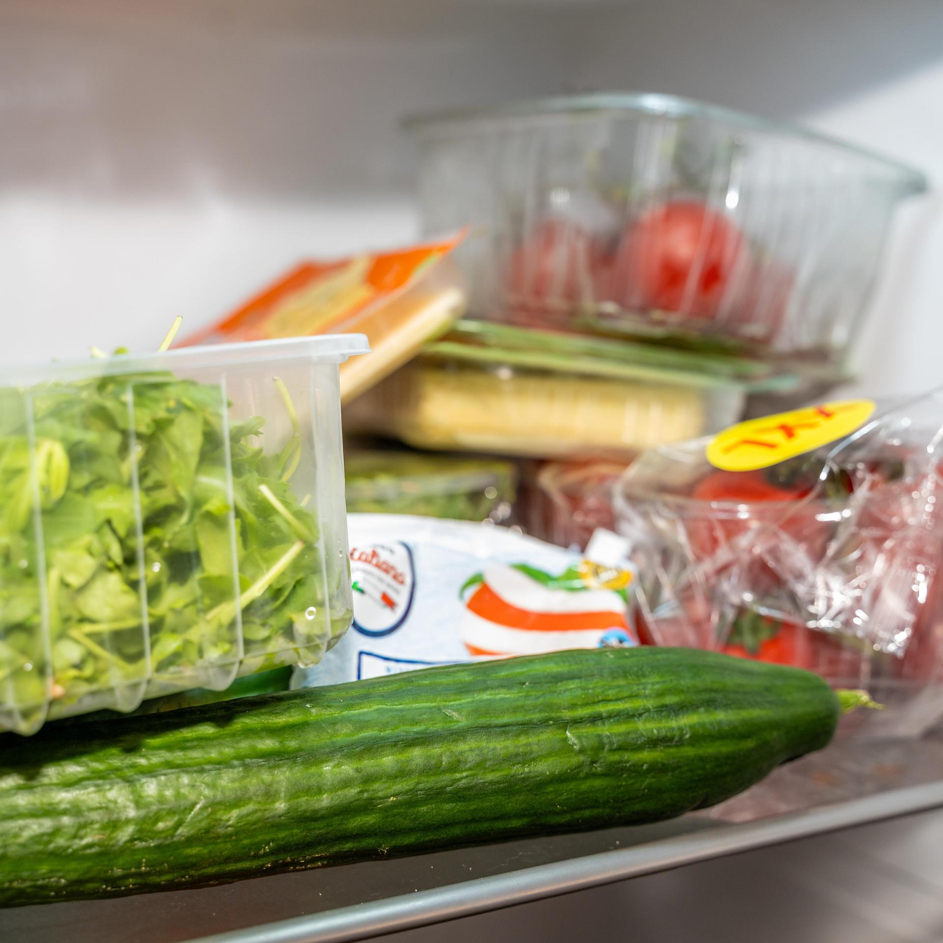 In einem Kühlschrank liegen Gurke, Salat, Tomaten, Käse und weitere Lebensmittel verpackt.