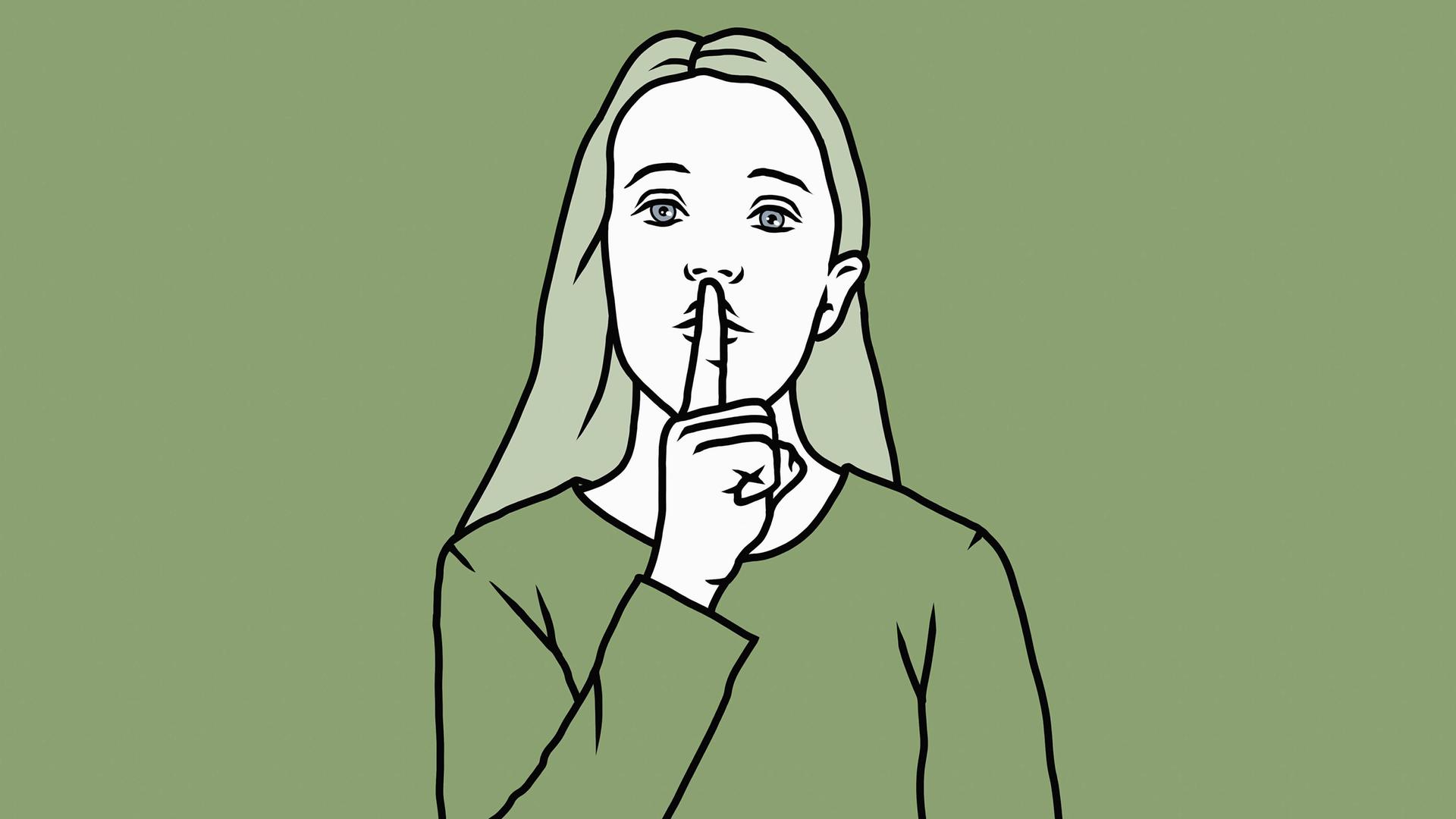 Illustration: Porträt einer Frau mit leiser "shhh" Geste, einem Finger vor dem Mund. Illustration: Porträt einer Frau mit leiser "shhh" Geste, einem Finger vor dem Mund.