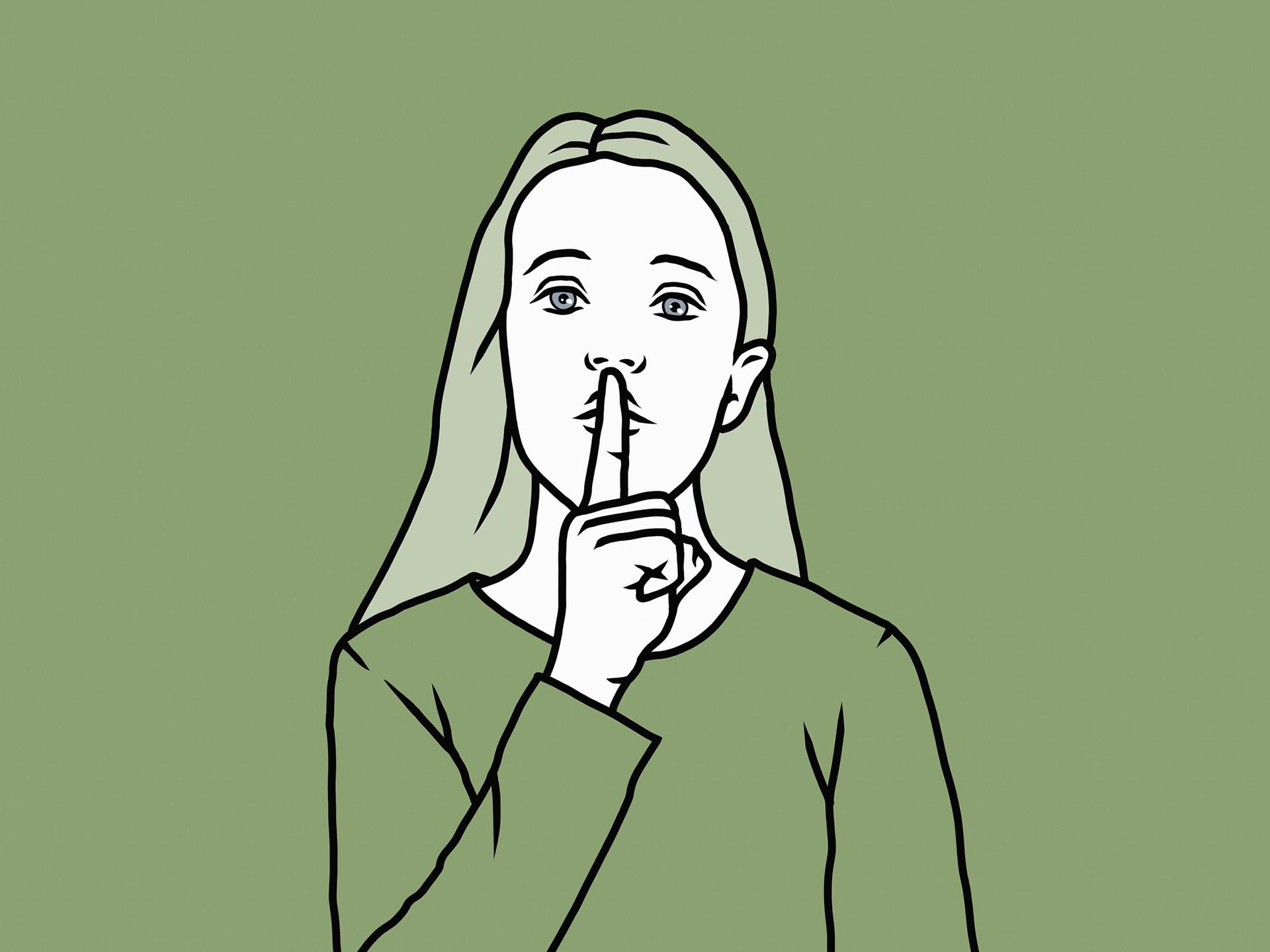 Illustration: Porträt einer Frau mit leiser "shhh" Geste, einem Finger vor dem Mund.