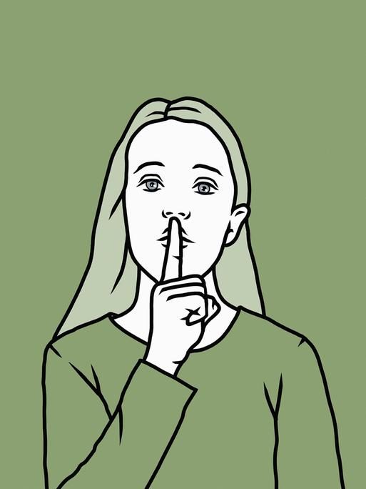 Illustration: Porträt einer Frau mit leiser "shhh" Geste, einem Finger vor dem Mund.