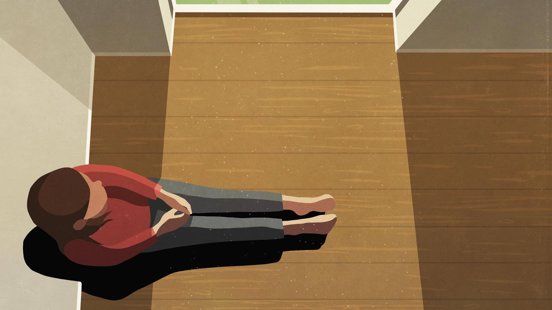 Illustration einer Person, die einsam auf dem Boden an einem Fenster sitzt