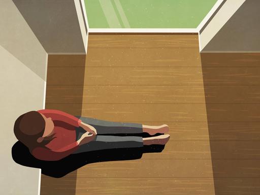Illustration einer Person, die einsam auf dem Boden an einem Fenster sitzt