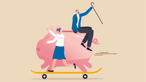Illustration: Ein altes Paar mit großem Geldschwein auf einem Skateboard.