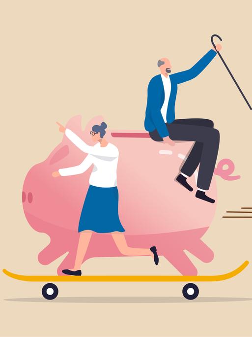Illustration: Ein altes Paar mit großem Geldschwein auf einem Skateboard.