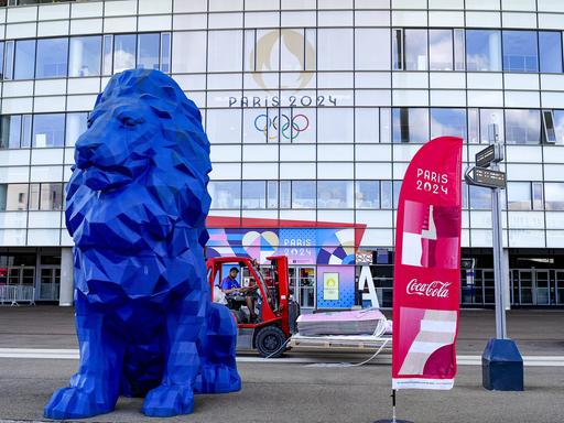Ein blauer Löwe und eine Flagge von Olympia-Sponsor Coca Cola stehen vor dem Stadion in Lyon, wo bei den Olympischen Spielen Fußballspiele ausgetragen werden.