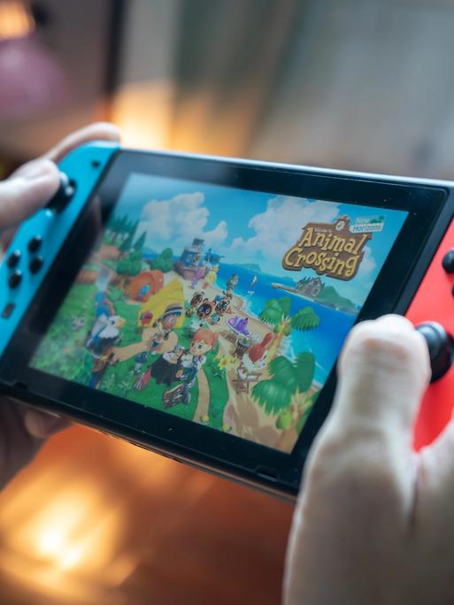 Hände halten eine Nintendo Switch und spielen darauf das Spiel "Animal Crossing"