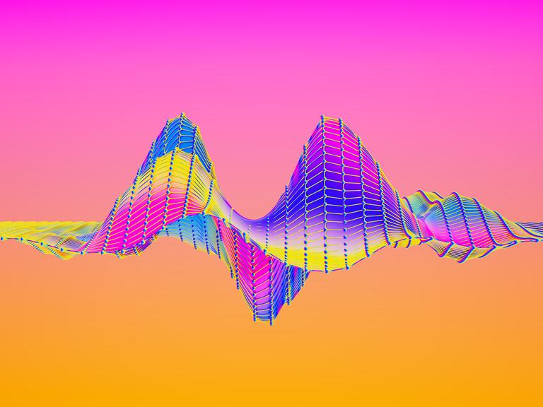 Digital erzeugtes Bild einer abstrakten mehrfarbigen Kurve einer Schallwelle auf farbigem Hintergrund.
