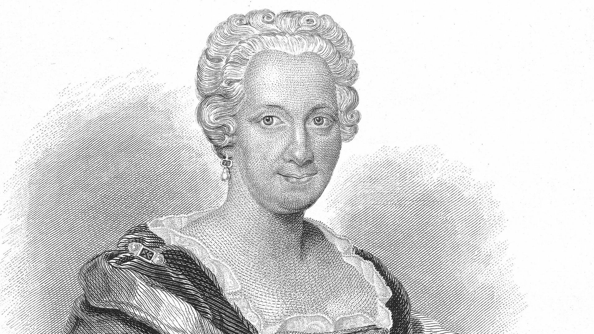 Eine Zeichnung von Maria Sibylla Merian in grau vor weißem Hintergrund.