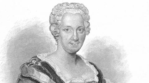 Eine Zeichnung von Maria Sibylla Merian in grau vor weißem Hintergrund.