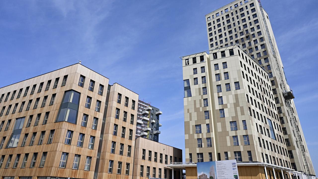 Ein Holz-Hybrid-Hochhaus ragt aus der Froschperspektive in den blauen Himmel.