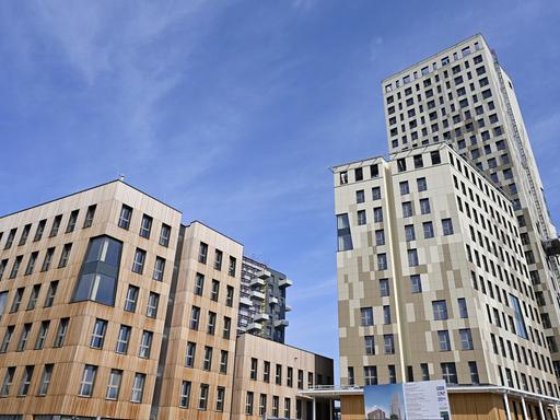 Ein Holz-Hybrid-Hochhaus ragt aus der Froschperspektive in den blauen Himmel.