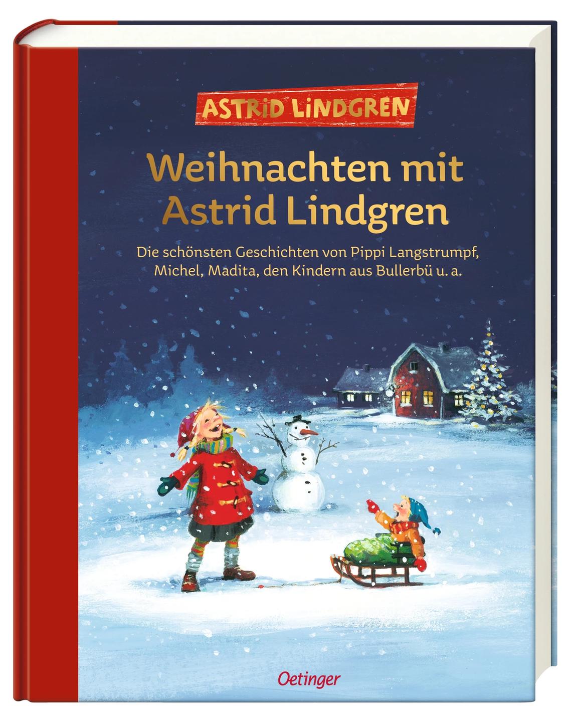 Buchcover, Illustration zweier Kinder im Schnee. Ein Kind sitzt auf dem Schlitten, ein Schneemann steht im Hintergrund
