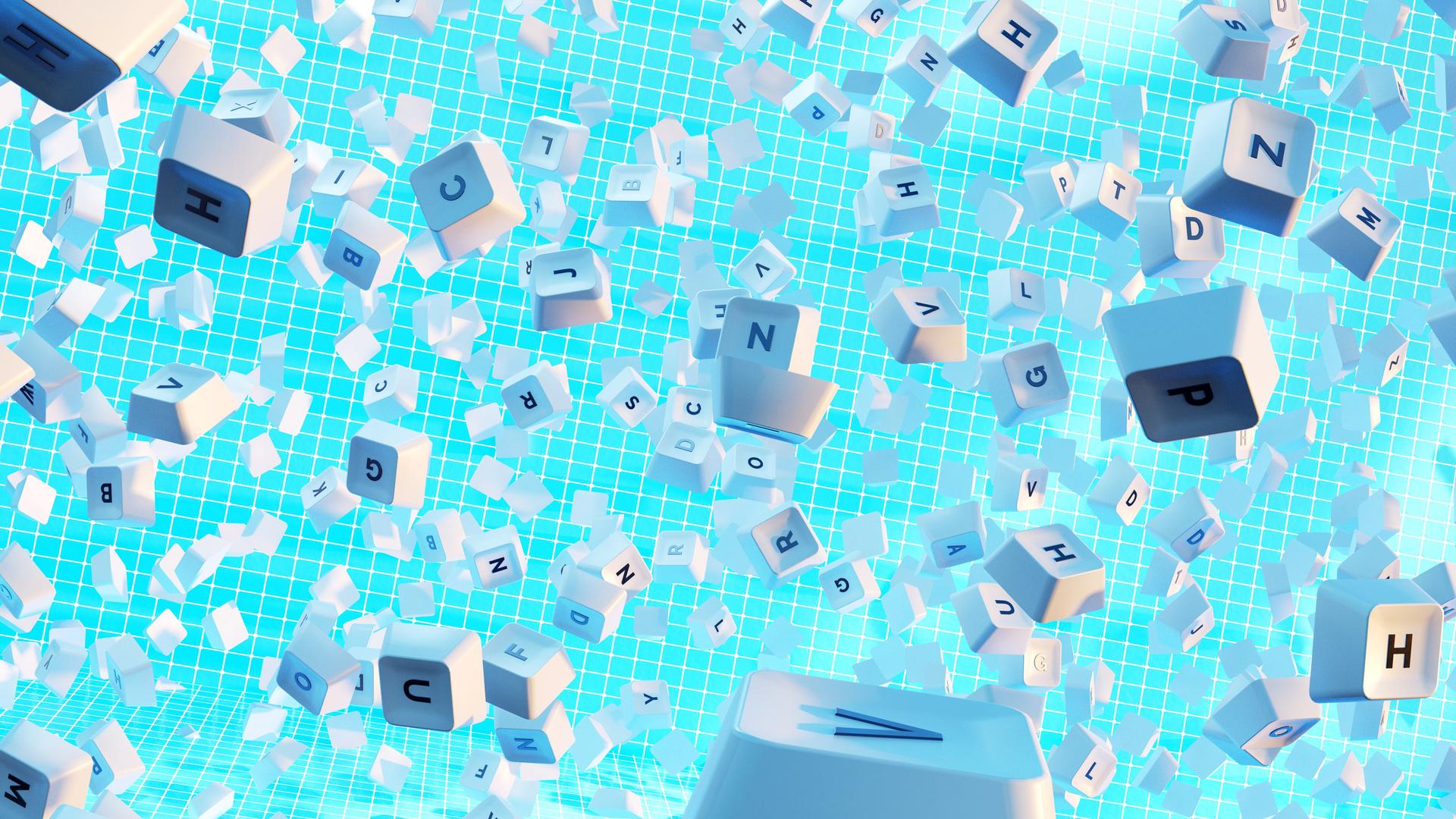 Illustration einer auseinanderfliegenden Tastatur. Einzelne Tasten sind erkennbar. Der Hintergrund ist blau. Illustration einer auseinanderfliegenden Tastatur. Einzelne Tasten sind erkennbar. Der Hintergrund ist blau.