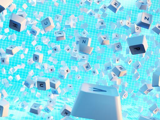 Illustration einer auseinanderfliegenden Tastatur. Einzelne Tasten sind erkennbar. Der Hintergrund ist blau.