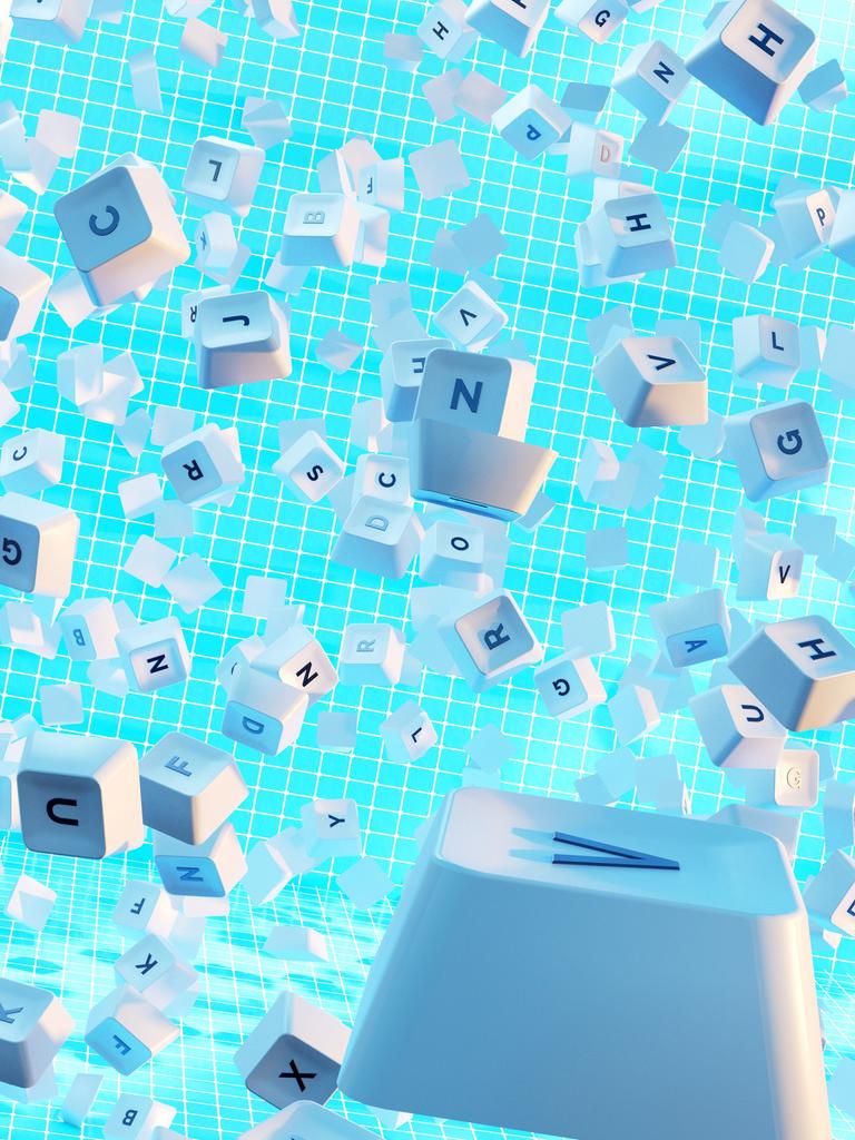 Illustration einer auseinanderfliegenden Tastatur. Einzelne Tasten sind erkennbar. Der Hintergrund ist blau.