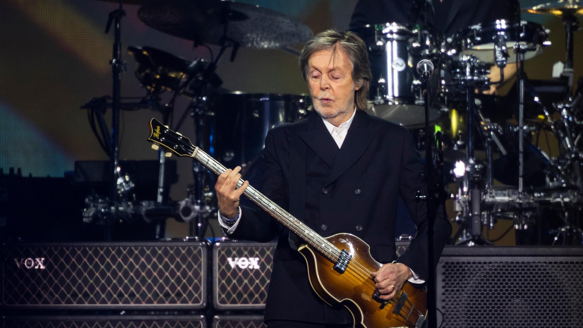 Paul McCartney performs during his Got Back North American tour at TD Coliseum in Hamilton, Canada, Friday, Nov. 21, 2025. (Nick Iwanyshyn/The Canadian Press via AP)