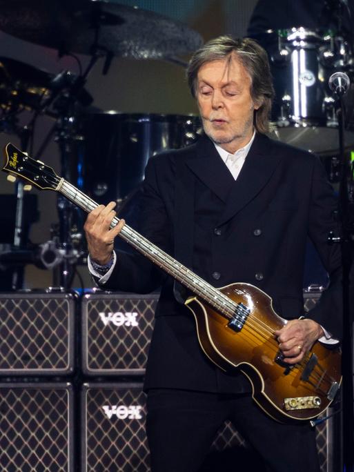 Paul McCartney performs during his Got Back North American tour at TD Coliseum in Hamilton, Canada, Friday, Nov. 21, 2025. (Nick Iwanyshyn/The Canadian Press via AP)