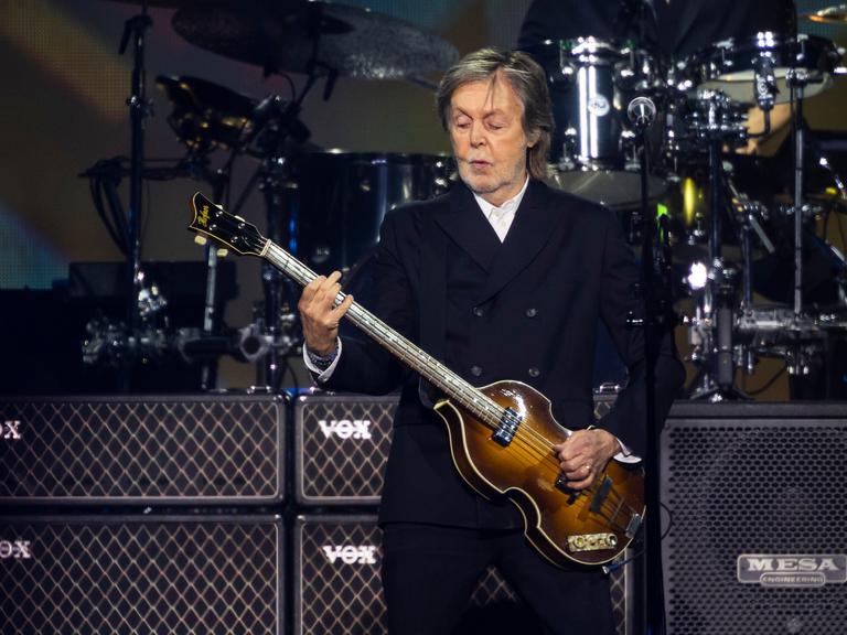 Paul McCartney performs during his Got Back North American tour at TD Coliseum in Hamilton, Canada, Friday, Nov. 21, 2025. (Nick Iwanyshyn/The Canadian Press via AP)