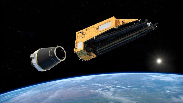 Das Computer-Bild von der ESA zeigt den gelben Satelliten "Biomass" im Welt-All.